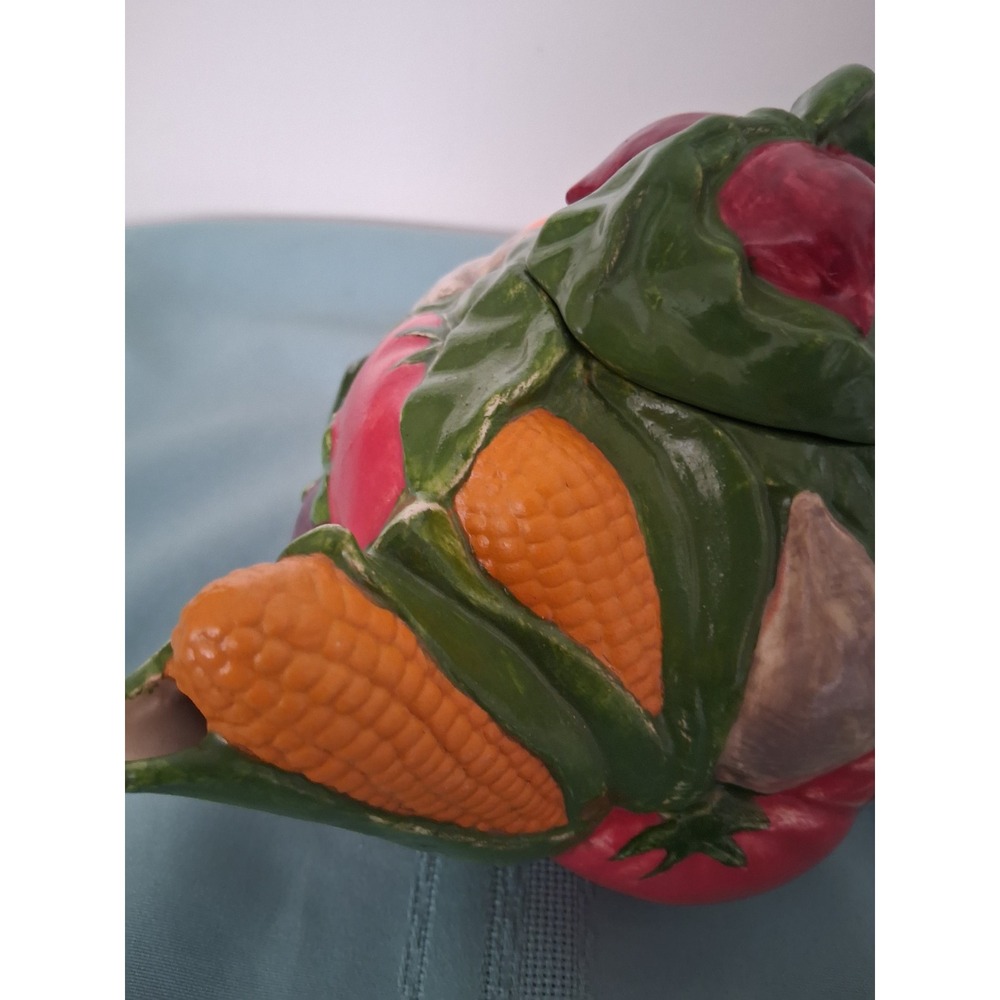 Vintage Vegetable Harvest Ceramic Teapot 3D Relief Hand Painted Majolica Style